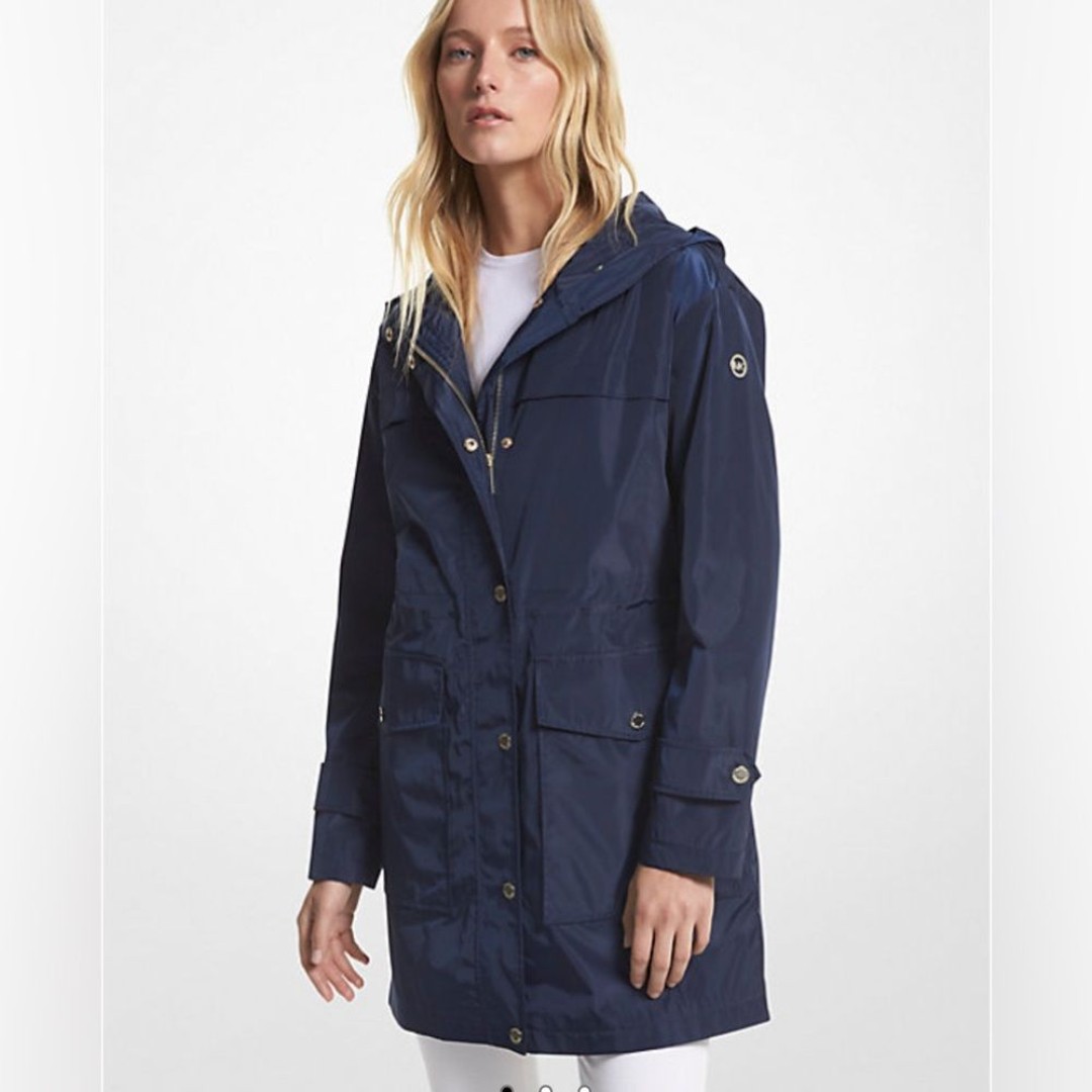 Michael Kors Woven Hooded Raincoat Navy with gold Accents Size M
