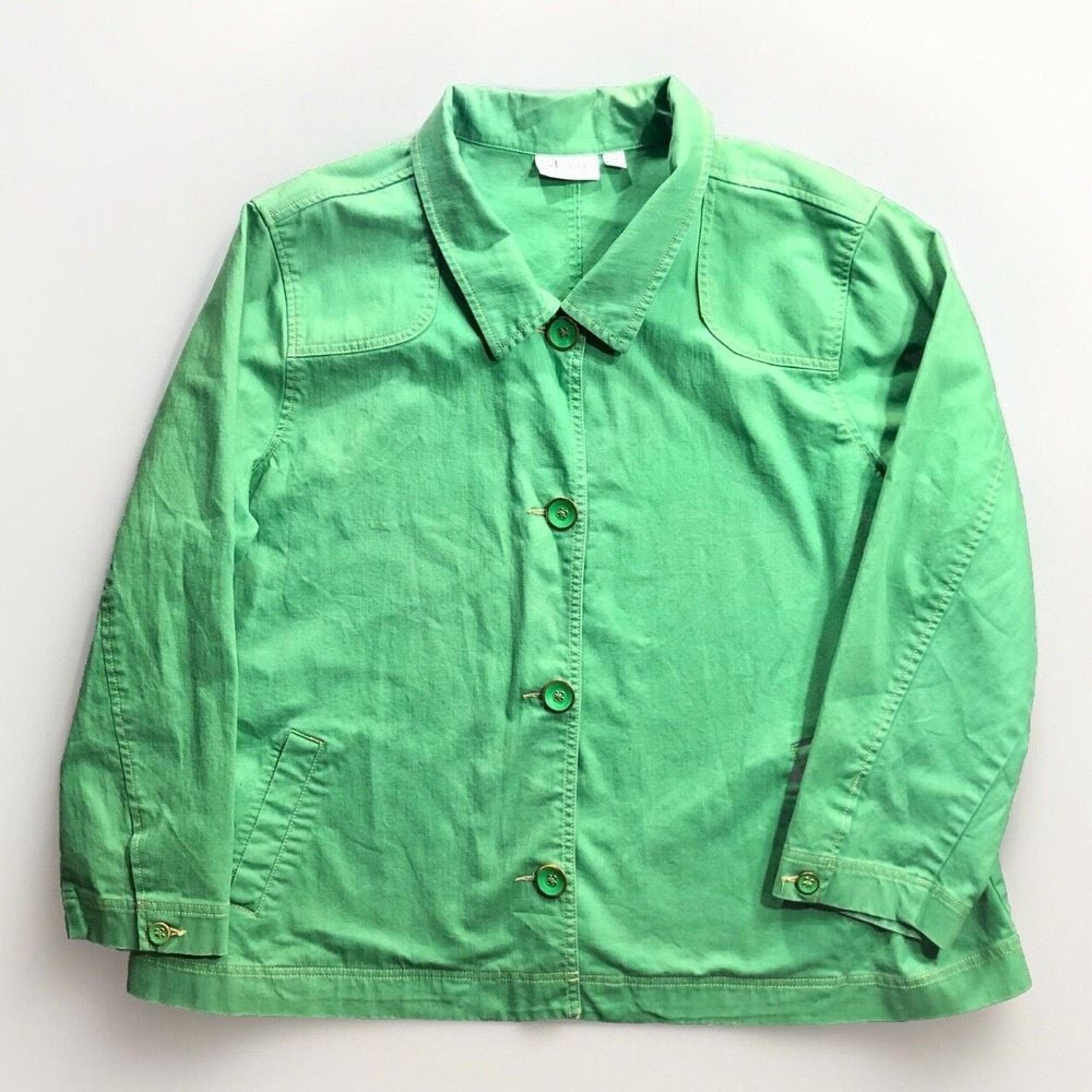D&Co. Denim Jacket Womens 3X Green Button Up 100% Cotton Gold Trim Buttons