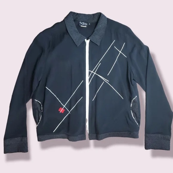 K.d. Spring S Abstract Zip Up Collared Jacket Small Pockets White Black Red