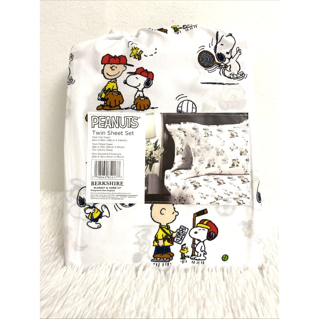 Peanuts Snoopy Twin Sheets Set 3 Pieces Boys Sports Printed White