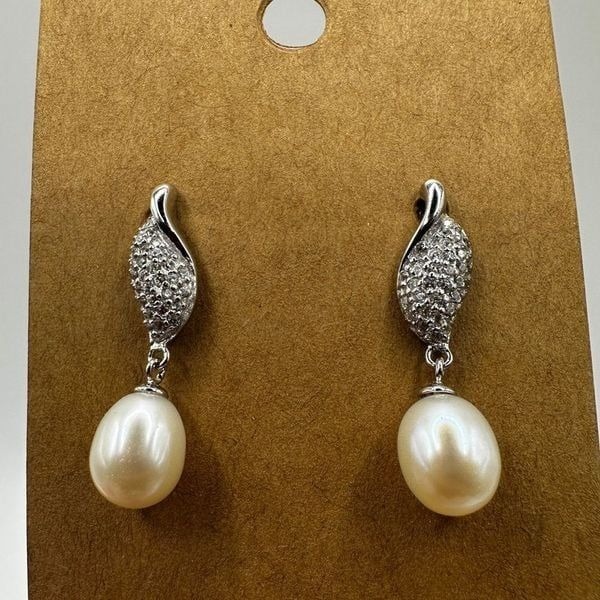 Sterling Silver, faux pearl and rhinestone, pierced dangle earrings!