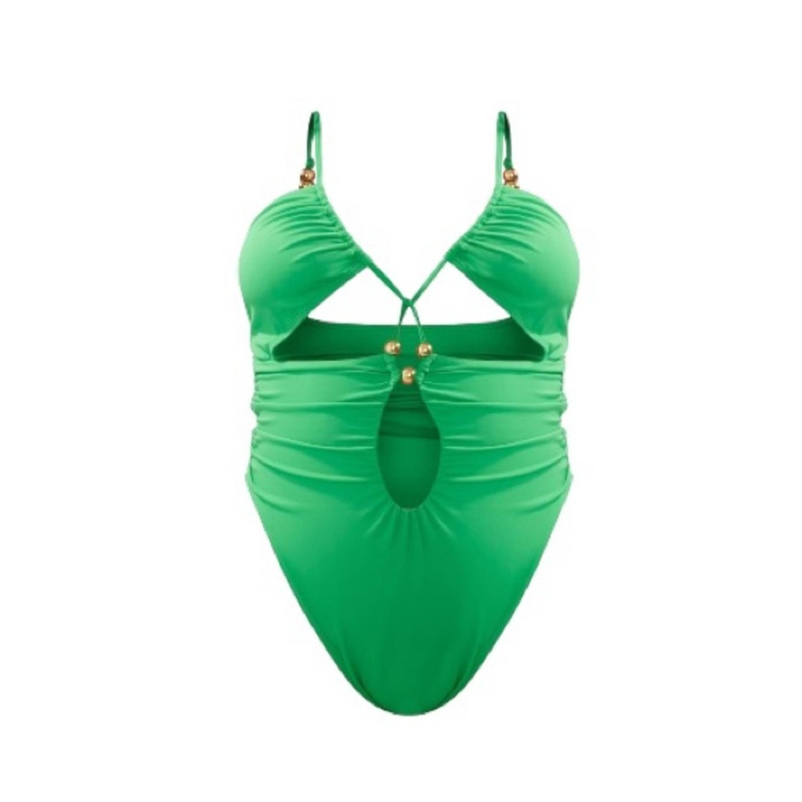 NWT Pretty Little Thing PLT Plus Green Bead Detail Ruched Cut Out Swimsuit 12