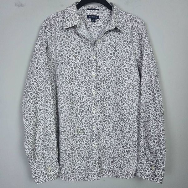 Lands End Womens Leopard Print Button Up Top Size 16 Grey Long Sleeve Career