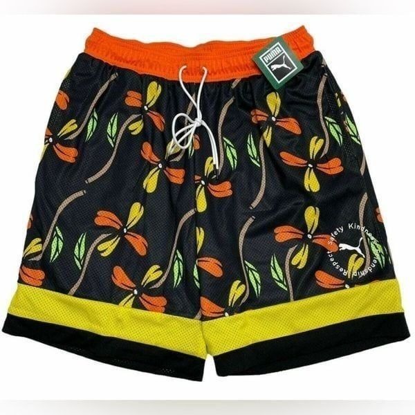 NWT PUMA Men’s Court Crush Black Orange Floral Basketball Shorts - Size Medium