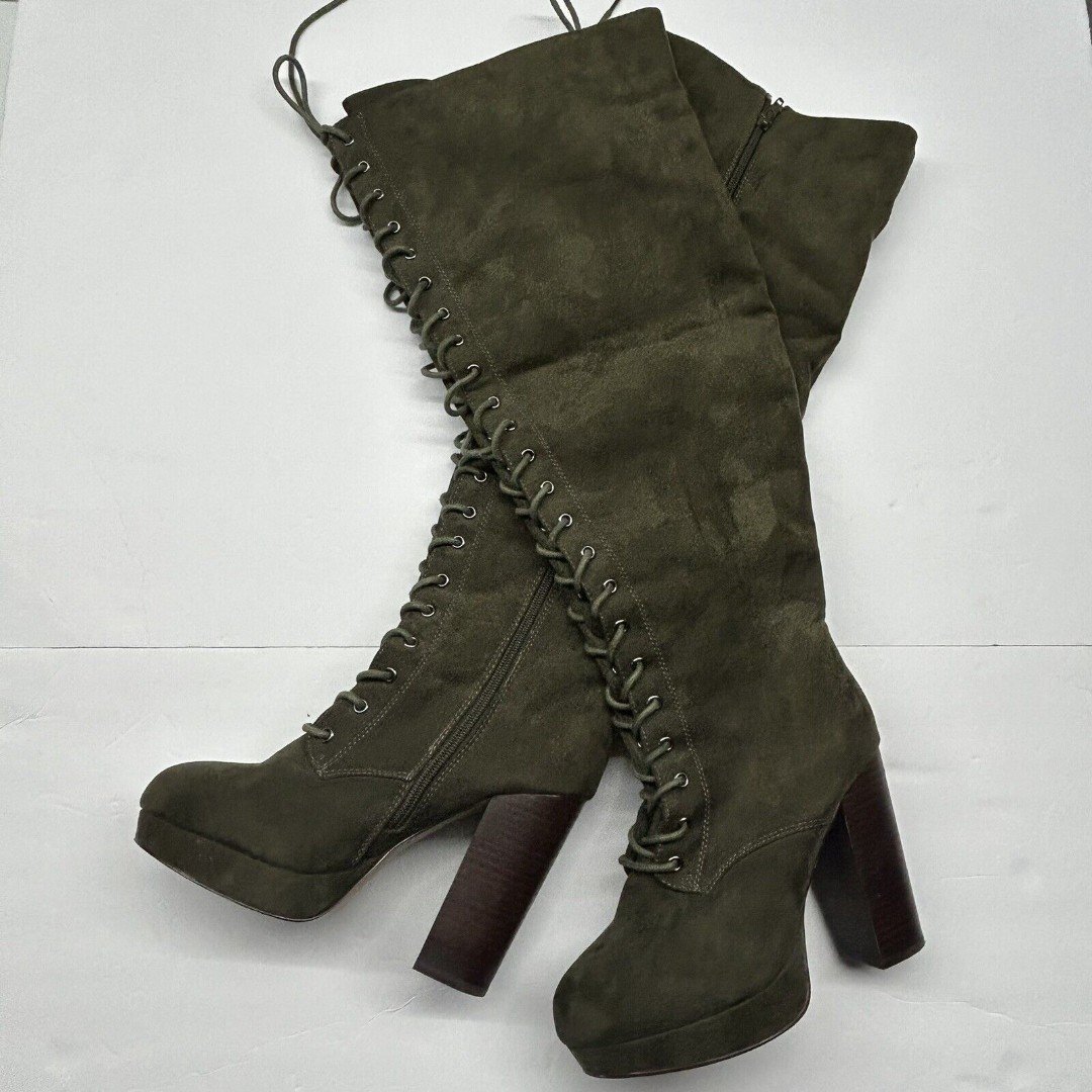 Torrid Knee-High Platform Heel Boots Size 7W Lace Up Zip Olive Green 10685424