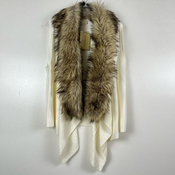 Michael Kors Faux Fur Vest Large Cream Waterfall Sweater Removable Collar NWT