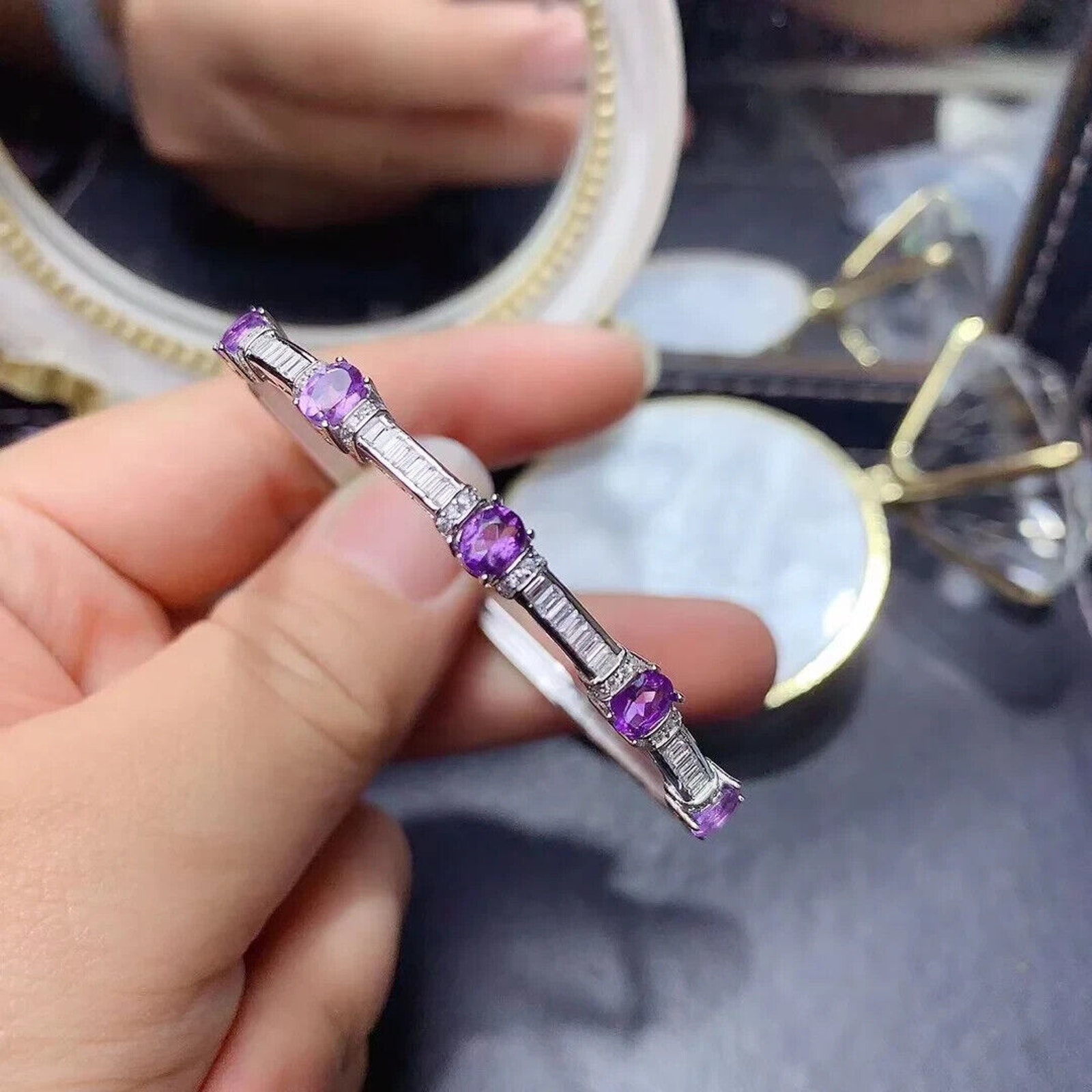 Natural Amethyst Bangle Bracelet 4x5mm, Genuine Amethyst Bangle Bracelet