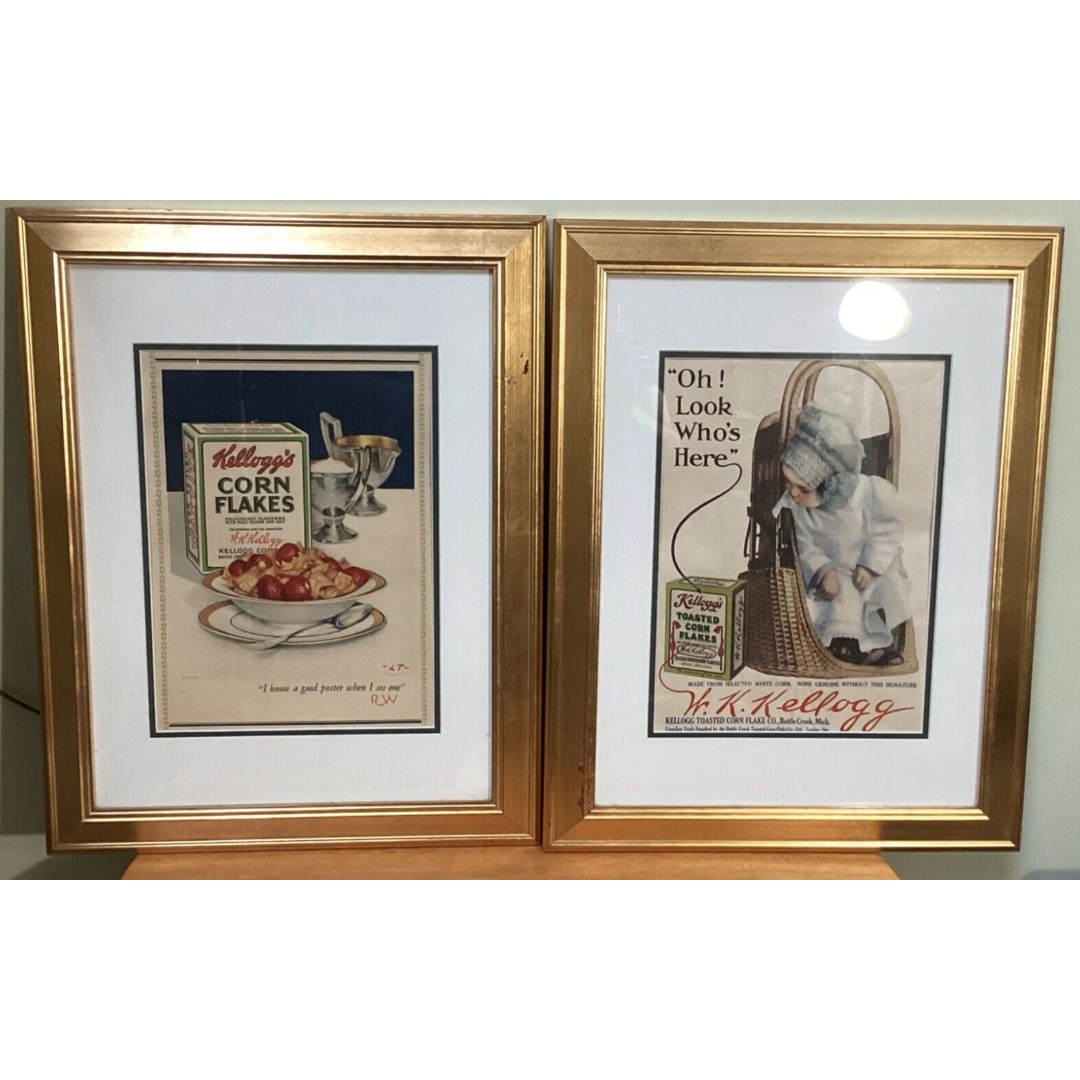 Lot of 2 Vintage W. W. Kellogg's Corn Flakes Advertisements Framed & Matted