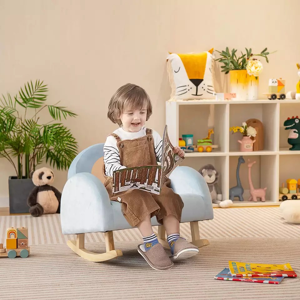 Toddler Rocking Chair Children's Upholstered Velvet Rocker Kids Armchair Blue