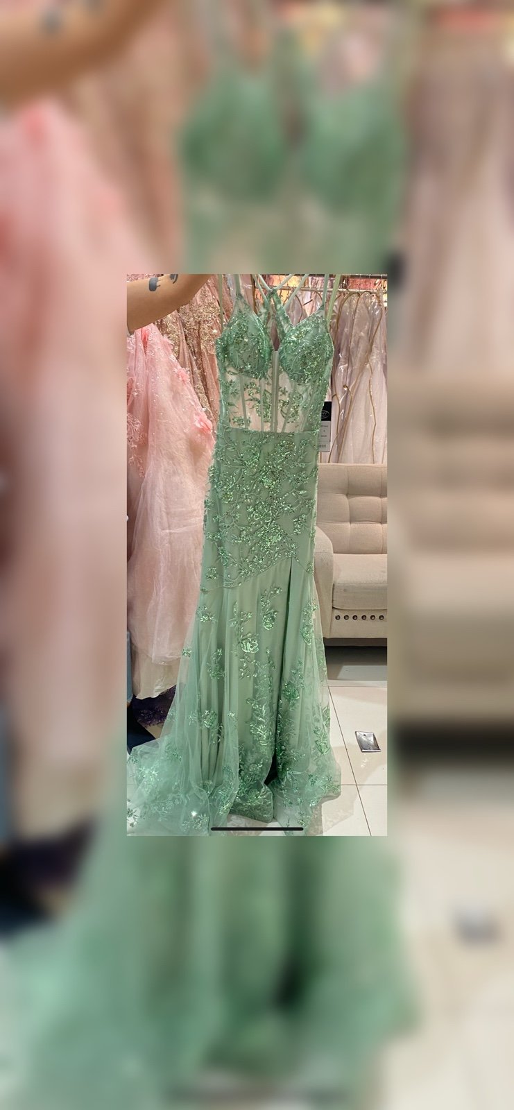 Beautiful Sage Green dress with corset top, open back , and slit