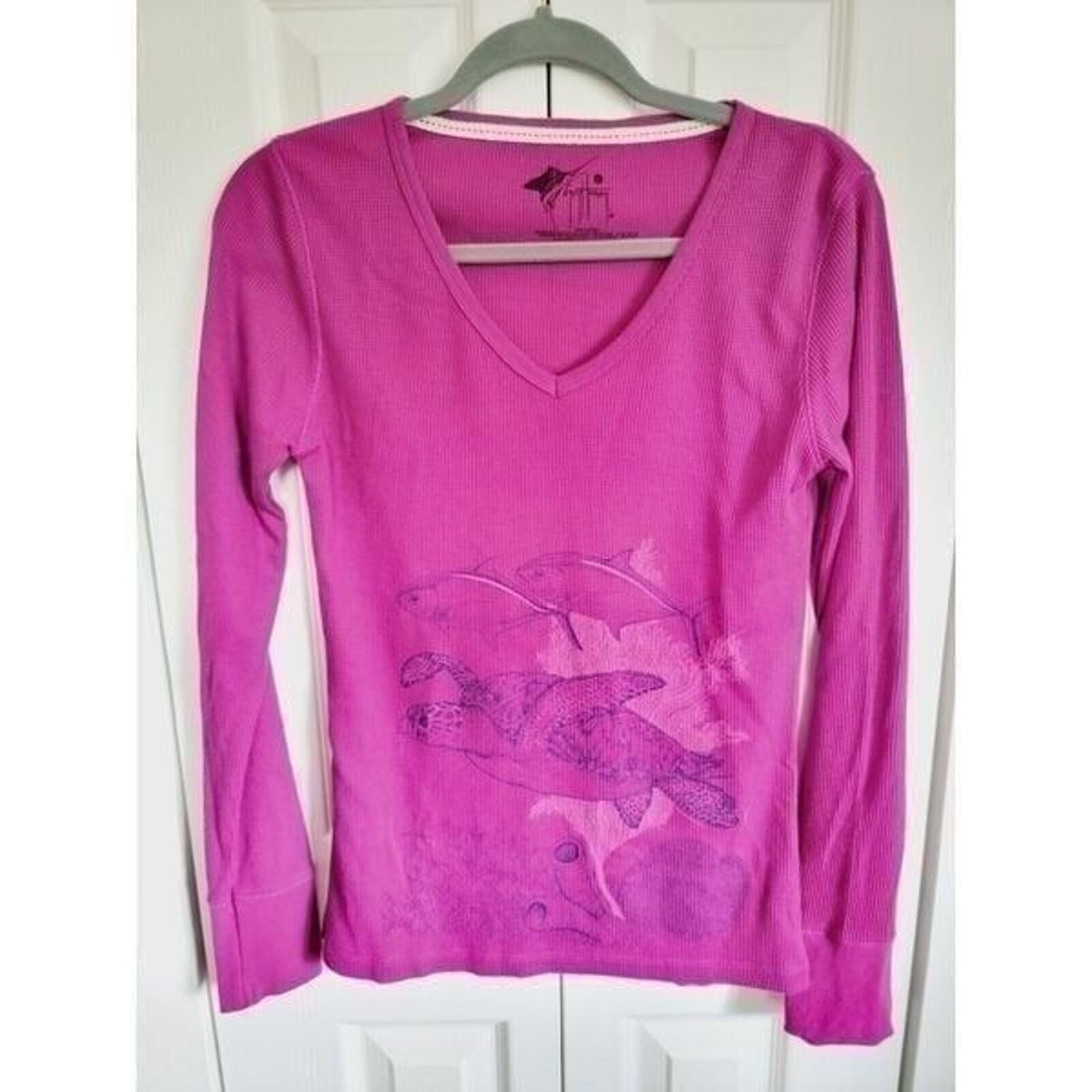 Guy Harvey L Women's Fuscia Crew Neck Shirt Top Size Large Turtle & Fish L/S
