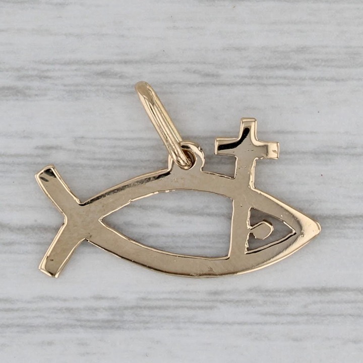 Jesus Fish Cross Pendant 14k Yellow Gold Religious Jewelry