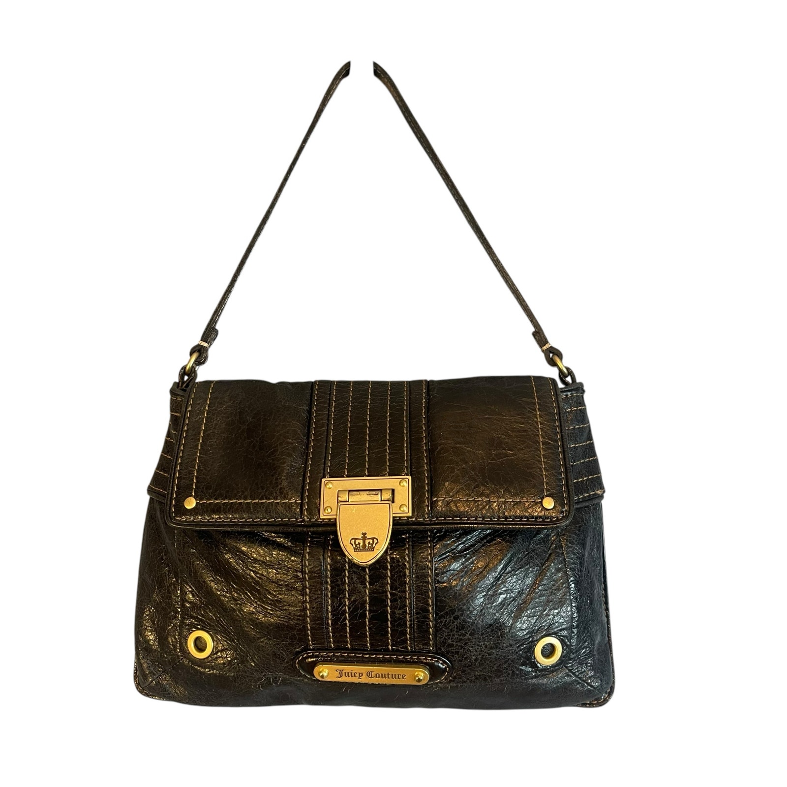 Juicy Couture 2008 Y2K Black Distressed Leather Mini Shoulder Bag
