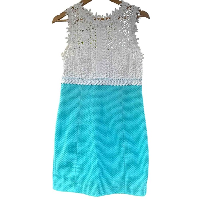 Lilly Pulitzer Shift Dress Size 6 Breakers Lace Lined White Turquoise EUC