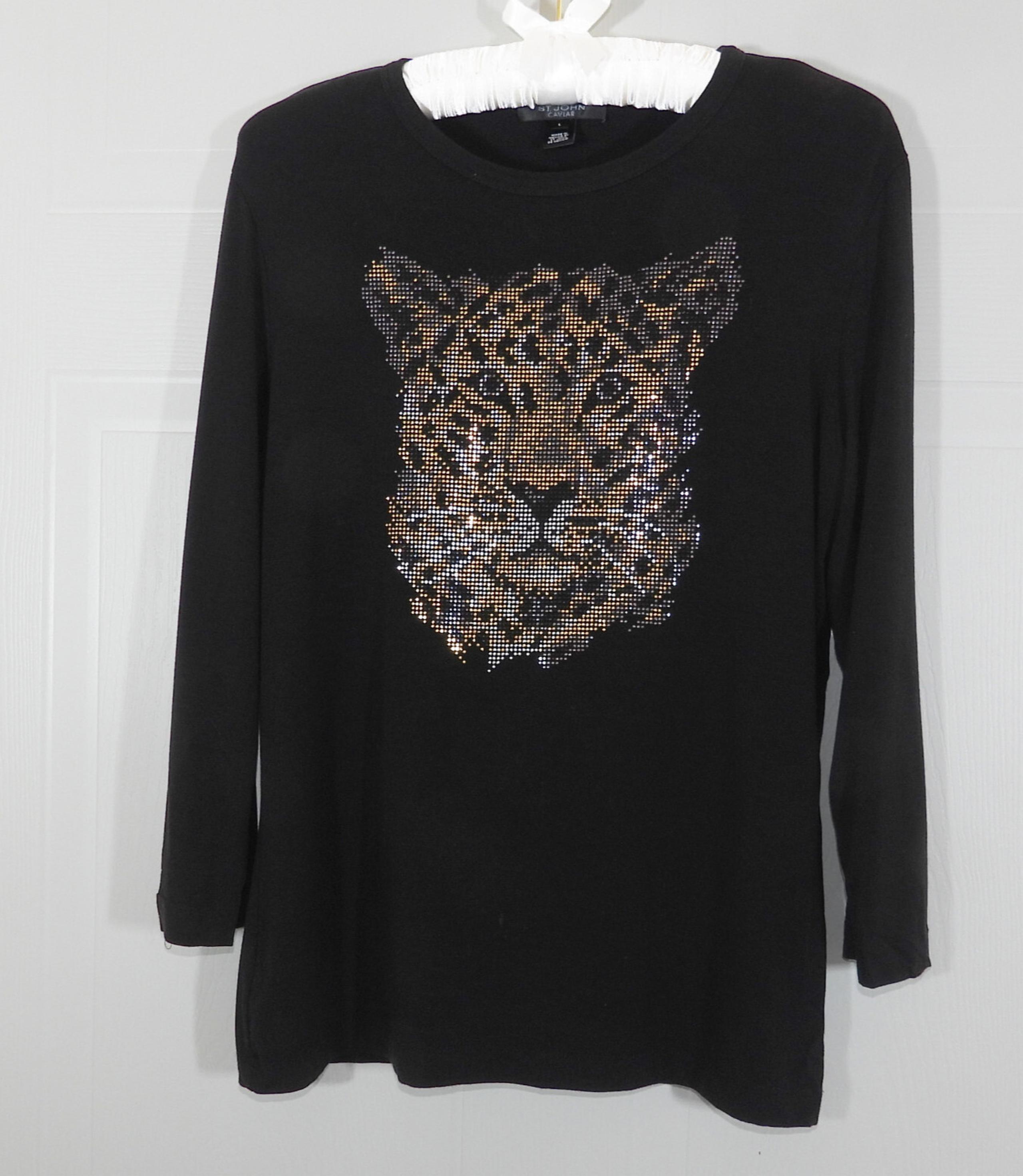 St. John Caviar Cheetah Top Size L Long Sleeve Women's Pullover Top
