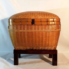 Vintage Chinese Herringbone Weave Cane & Rattan Storage Trunk Basket With Stand