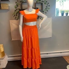 Bright Orange Mid Waist Swing Skirt Trend Chic Two Piece Set Size L RefF064