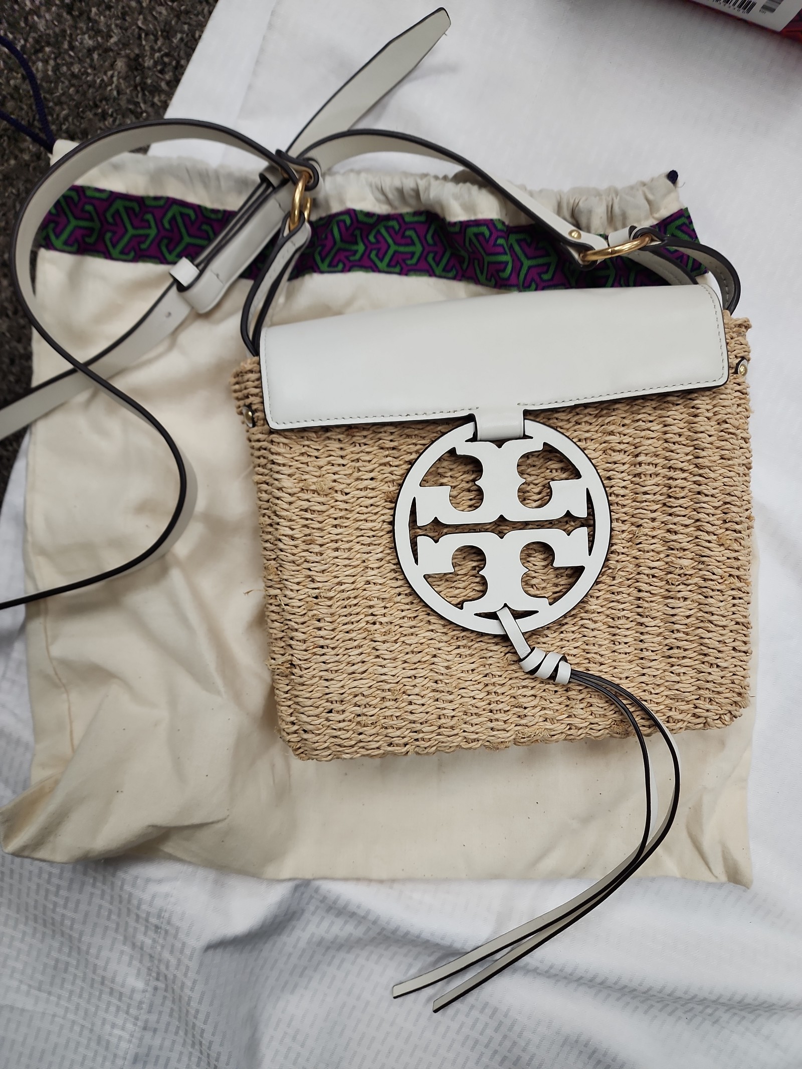 Tory Burch Miller raffia & leather white crossbody