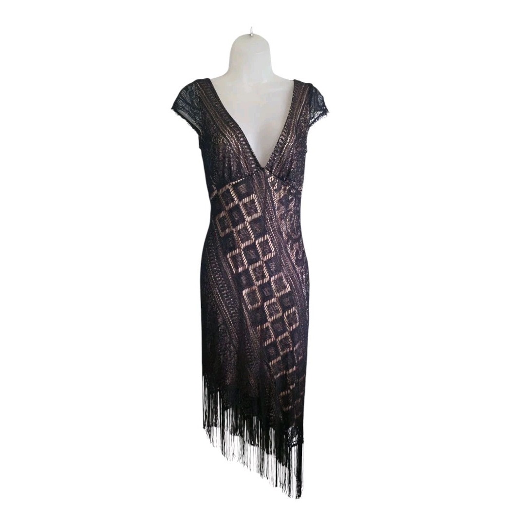 Moda International Dress Black Lace Fairy Whimsigoth Asymmetrical Fringe VTG Sz6