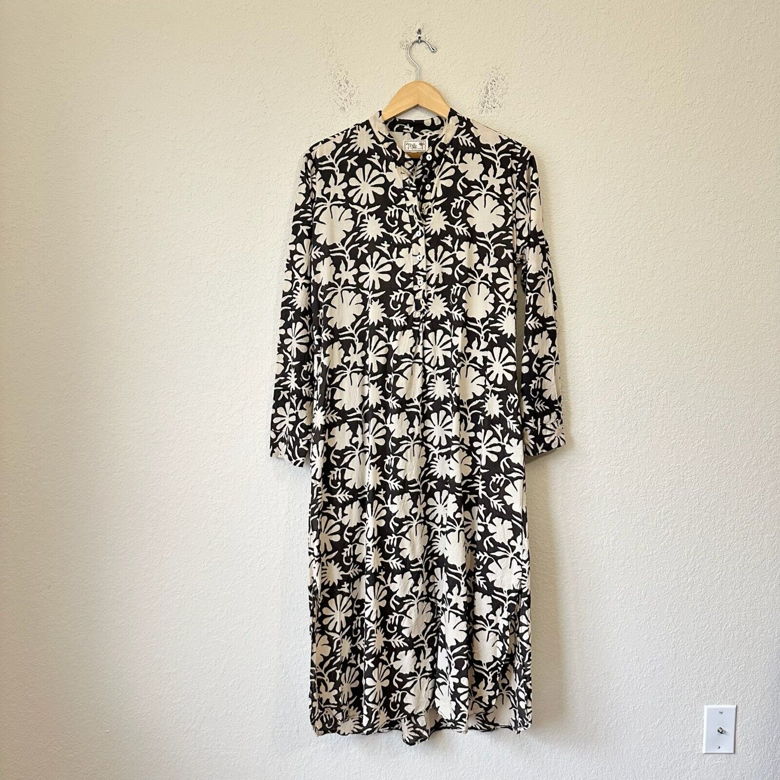 MILLE Sadie Kaftan Dress Black Ivory Floral Long Sleeve Cotton NWOT