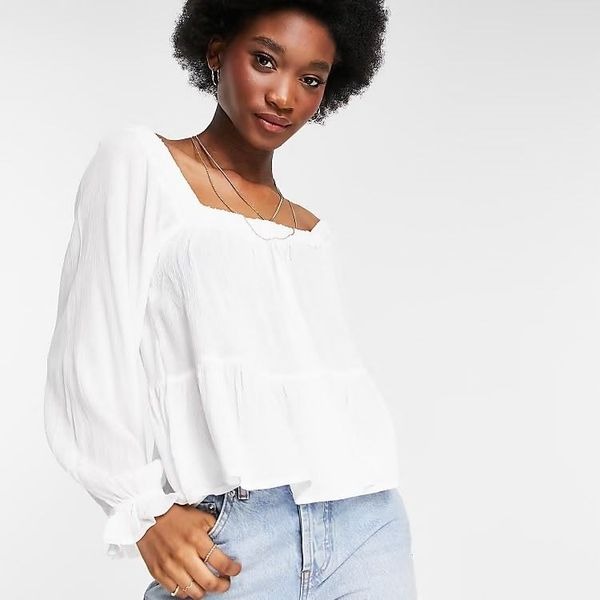 ASOS Square Neck Crinkle Smock Ivory White Smock Top Size 10