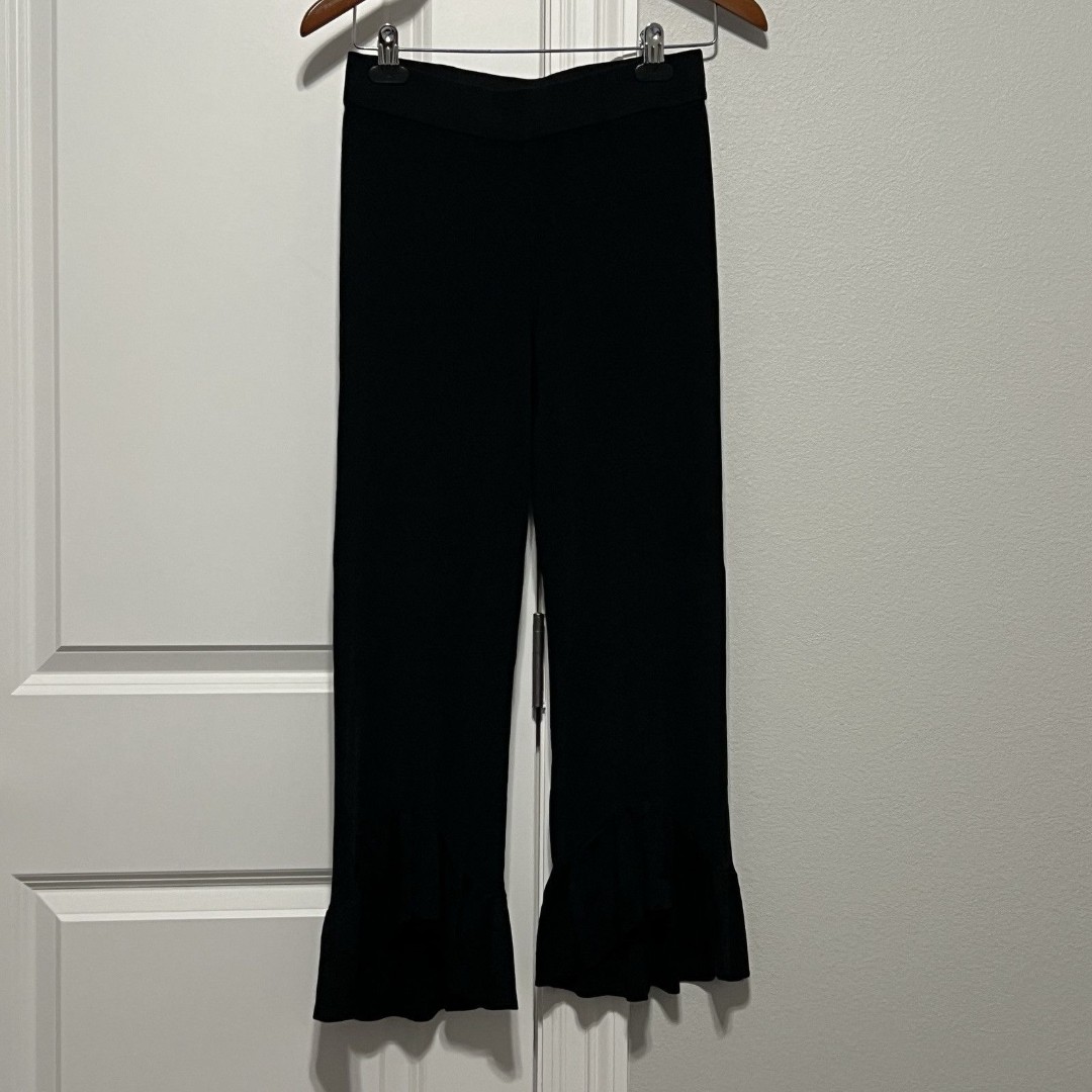 Zara Knit Black Ruffled Hem High Rise Wide Leg Pants Pull On Cozy Comfort Size M
