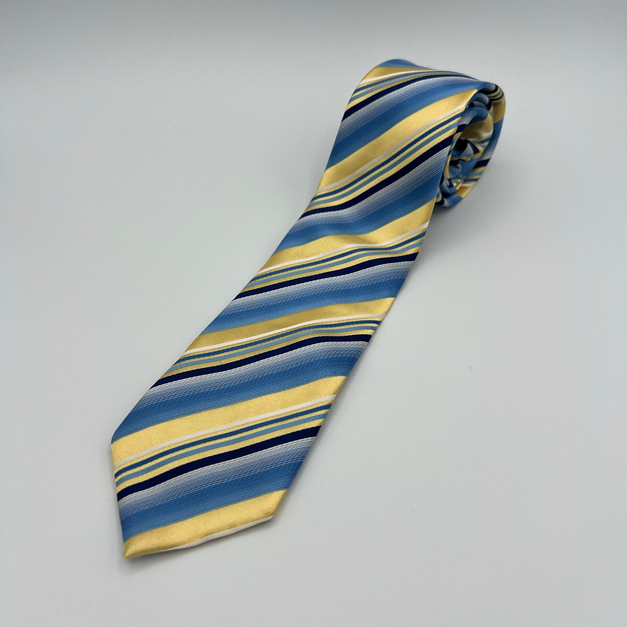 Blue Yellow Black Ivory Shades Sripes 100% Silk Mens Neck Tie - Van Heusen