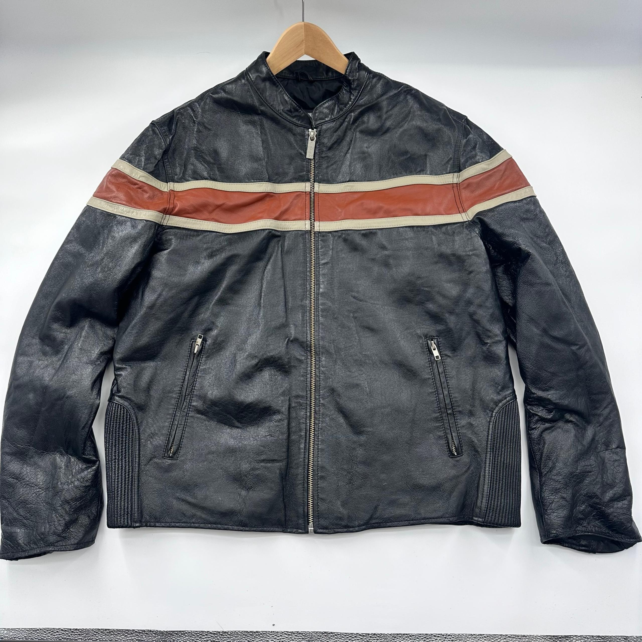 WILSONS M JULIAN Leather Black Orange Stripe Cafe Racer Motorcycle Jacket Men XL