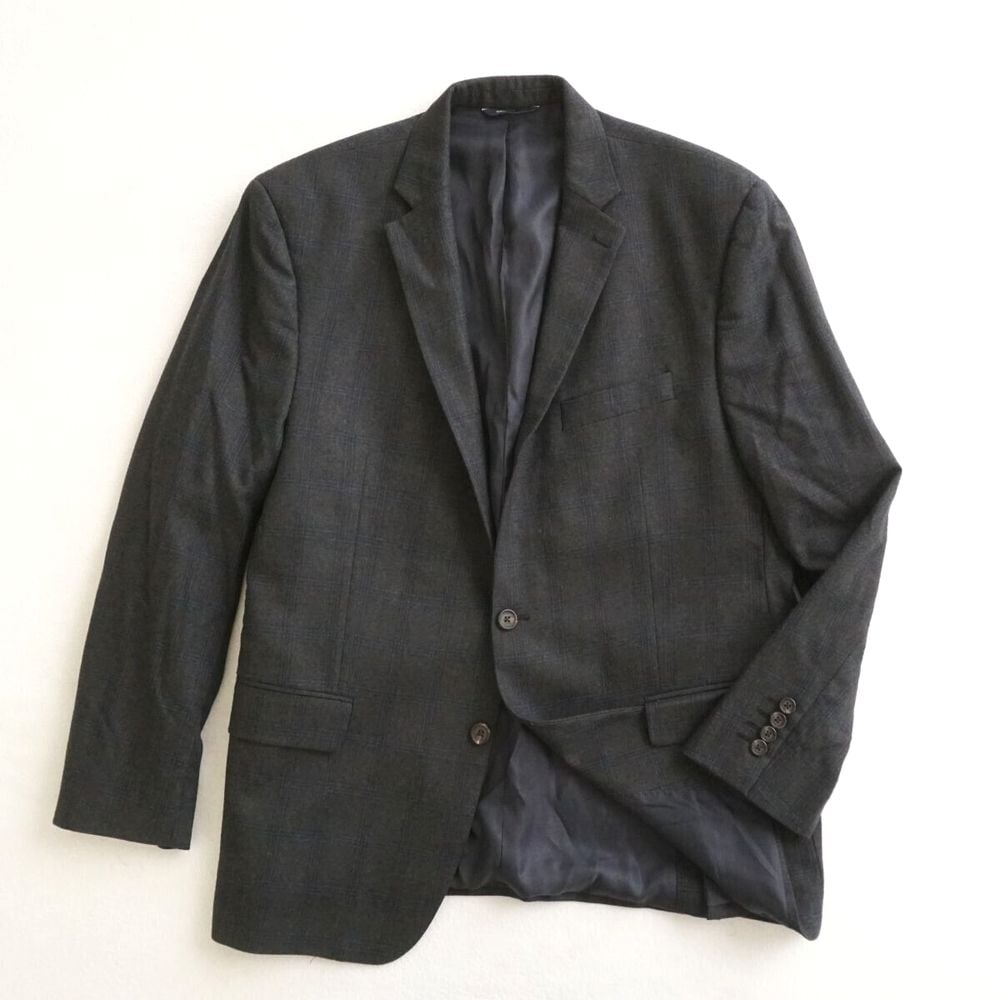 Ralph Lauren Mens Blazer Coat Jacket Dark Gray Blue Plaid Wool 2 Button Size 46R
