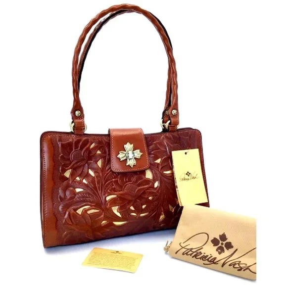 Patricia Nash Rosina Burnished Cutout Tooled Leather Satchel Brown Tan NWT 229