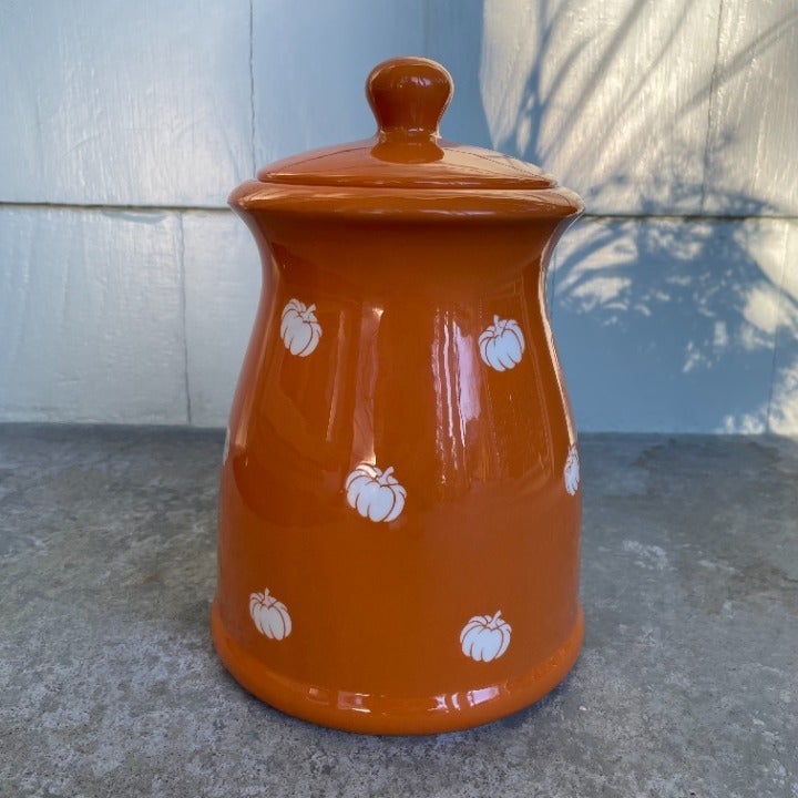 Terramoto Ceramic Fall Orange Canister with Lid Allover Pumpkin Design