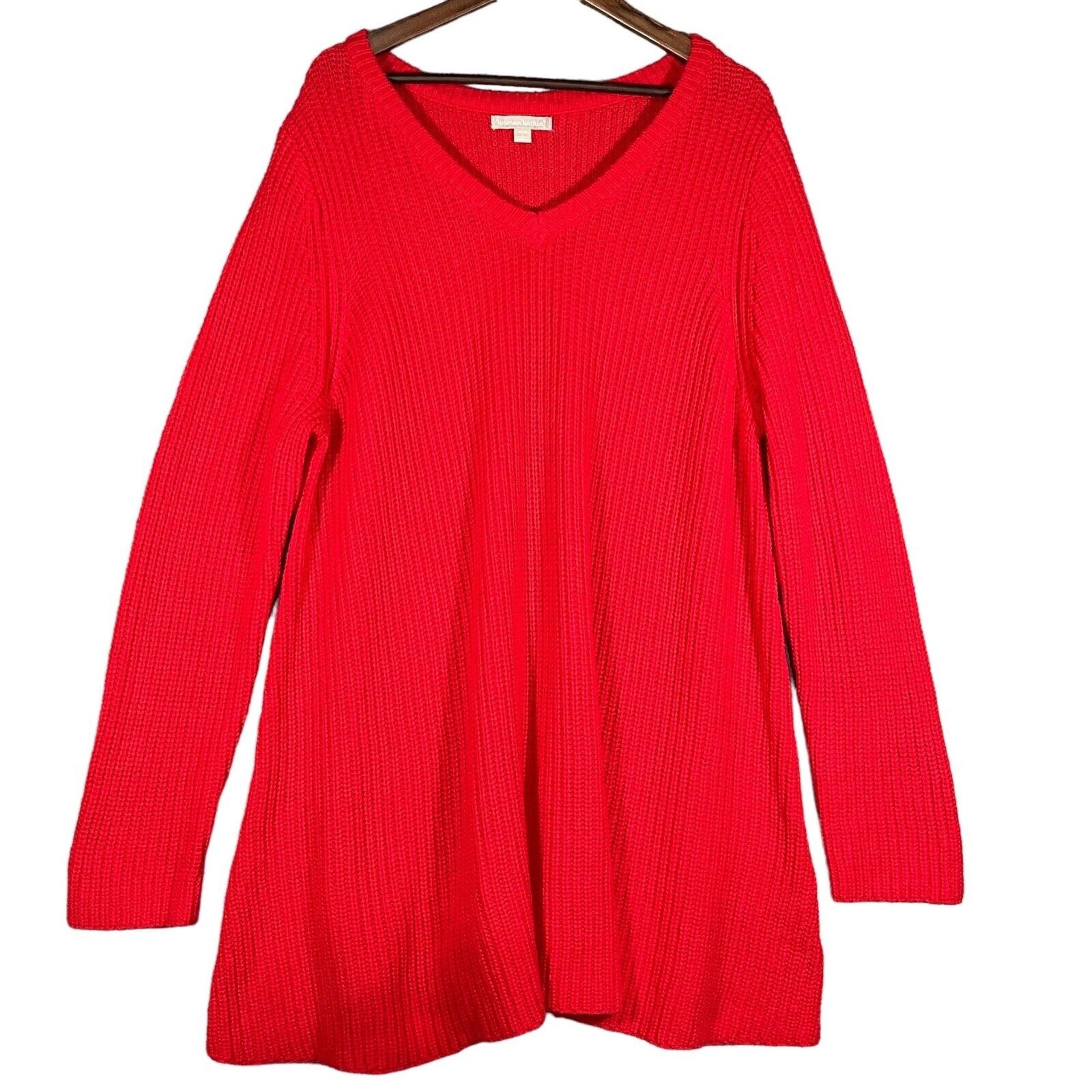 Woman Within Pullover Sweater Women 18/20 Red Knit Long Sleeve V Neck R84