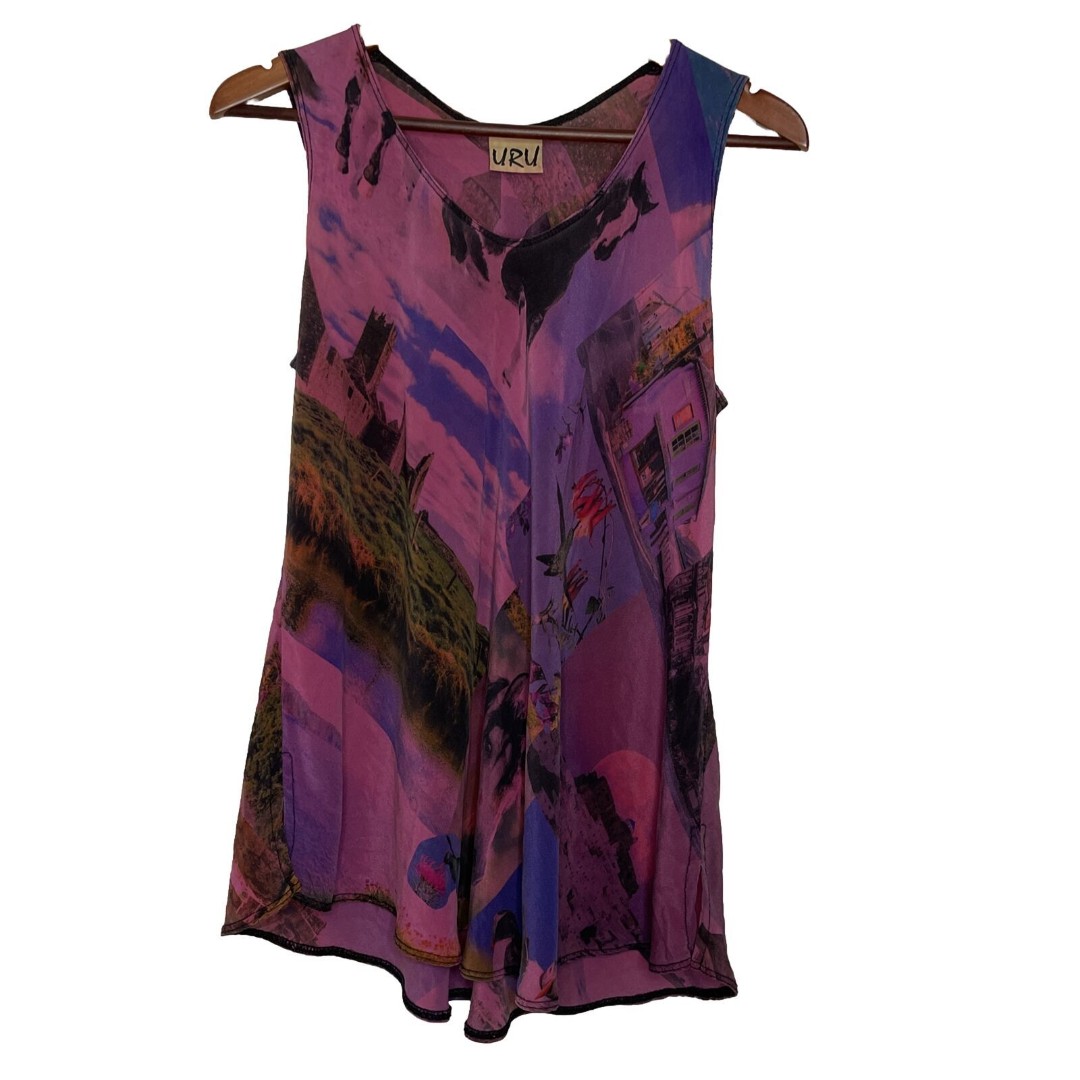 URU Purple Harmony Pink Tank Silk Art Print Womens 2/ Large Flowy Made In USA