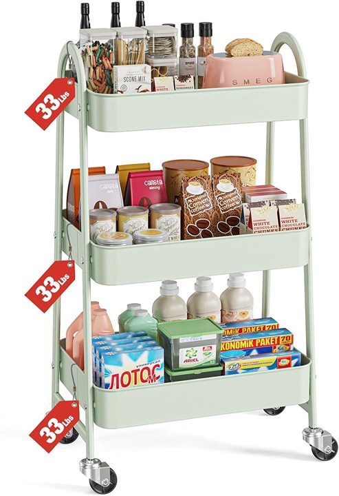 3 Tier Metal Storage Utility Cart with Wheels, Kitchen Organizer Trolley Rolling