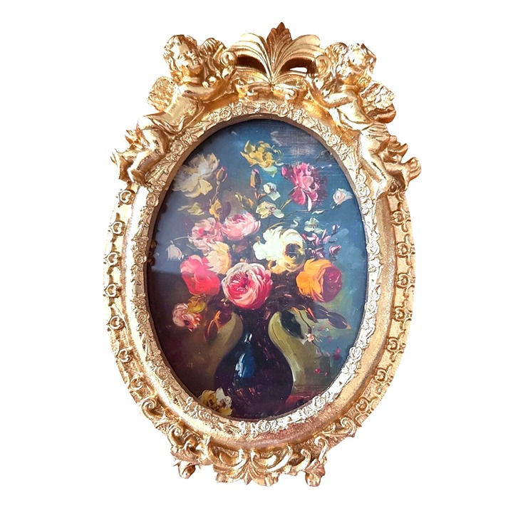 Bright Gold Tone Cherub Ornate 5 x7 Oval Frame W