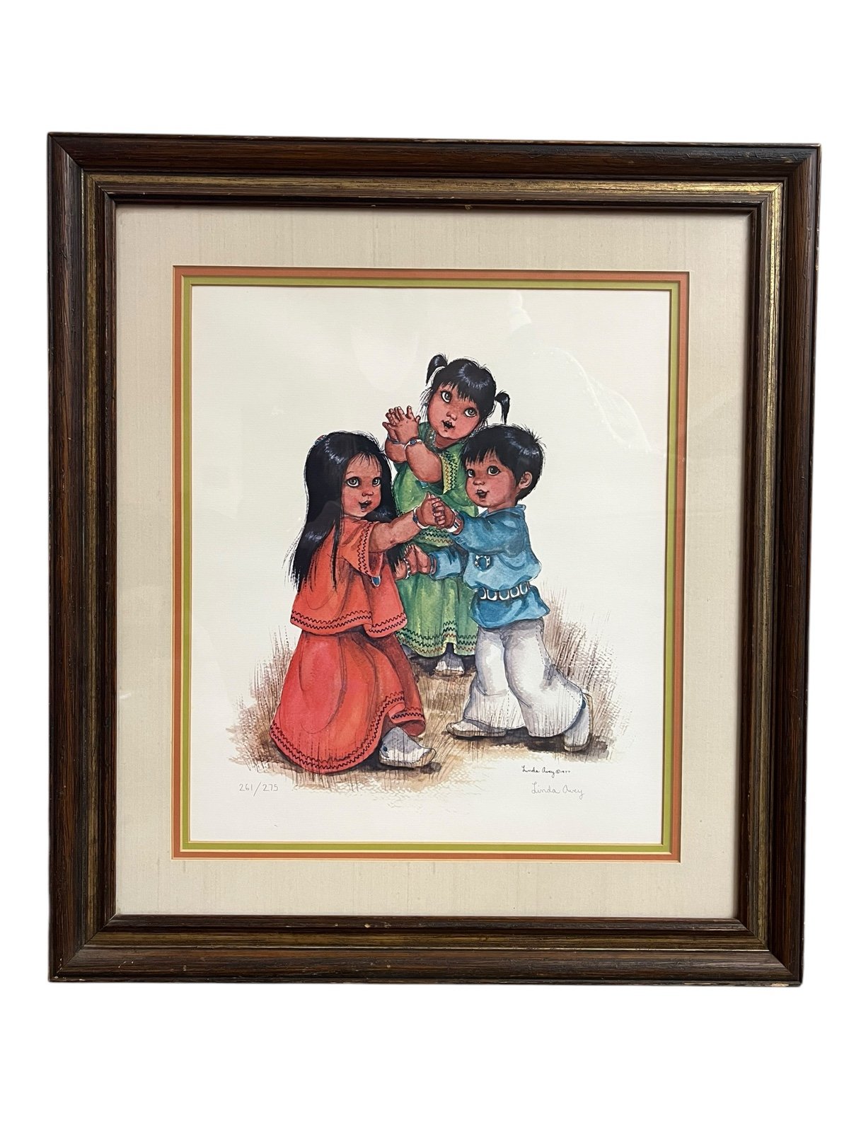LINDA AVEY “The Dance” 1977 Native American Kids Signed Lithograph Framed Matted