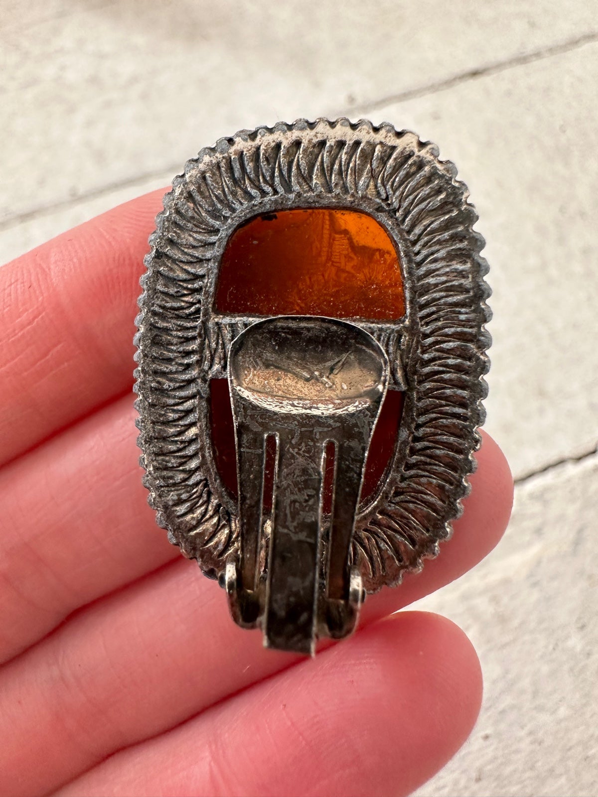 Vintage 20s Carved hot Carnelian Cameo Clip Earring