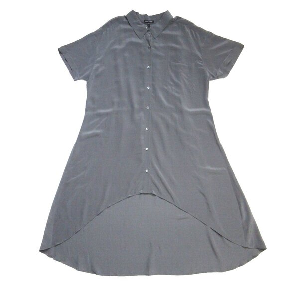 NWT Eileen Fisher Classic Collar in Ash Gray Silk Crepe de Chine Hi Low Dress L