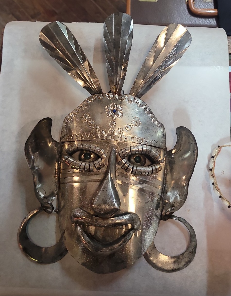 Mexican Maya Aztec vintage metal mask, Ethnic handmade wall decorative mask