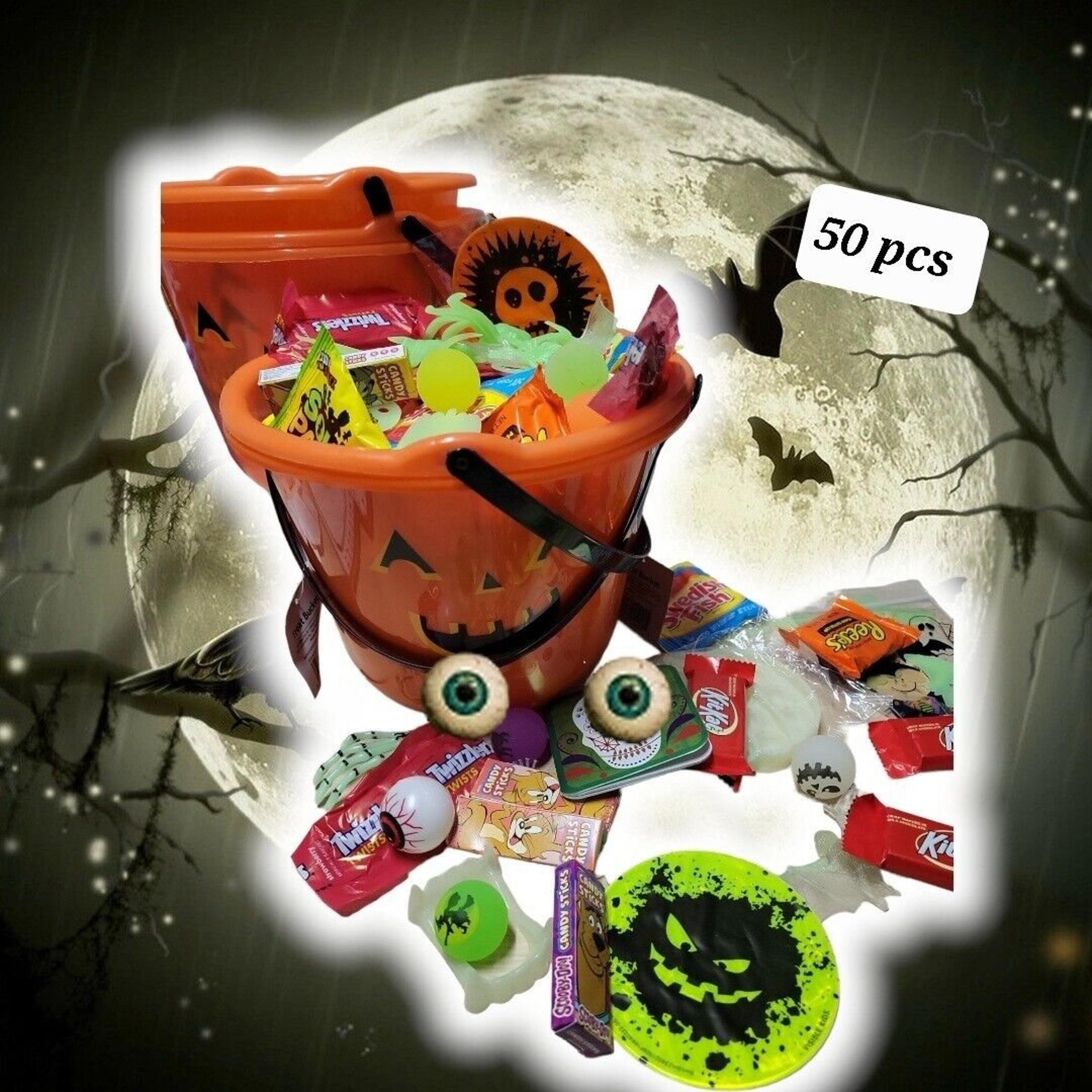 50 pc Halloween Pumpkin Bucket Already Filled w/ Goodies & Toys NEW