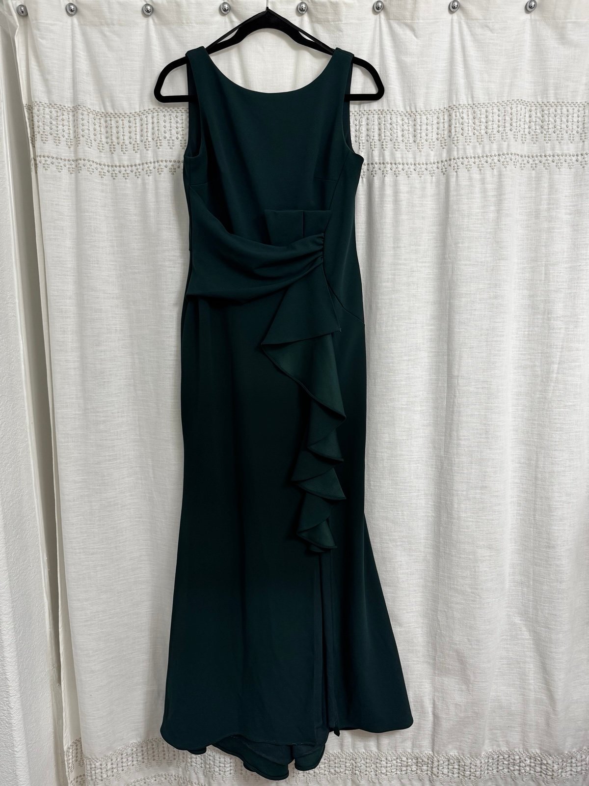 Betsy & Adam Women's Long Sleeveless Boat Neck Ruffle Side Slit Scuba Crepe Gown