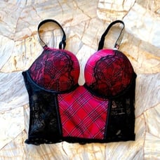 New 34B VS VERY SEXY Bombshell Add-2-Cups Push-Up Corset Top Red Plaid Shine