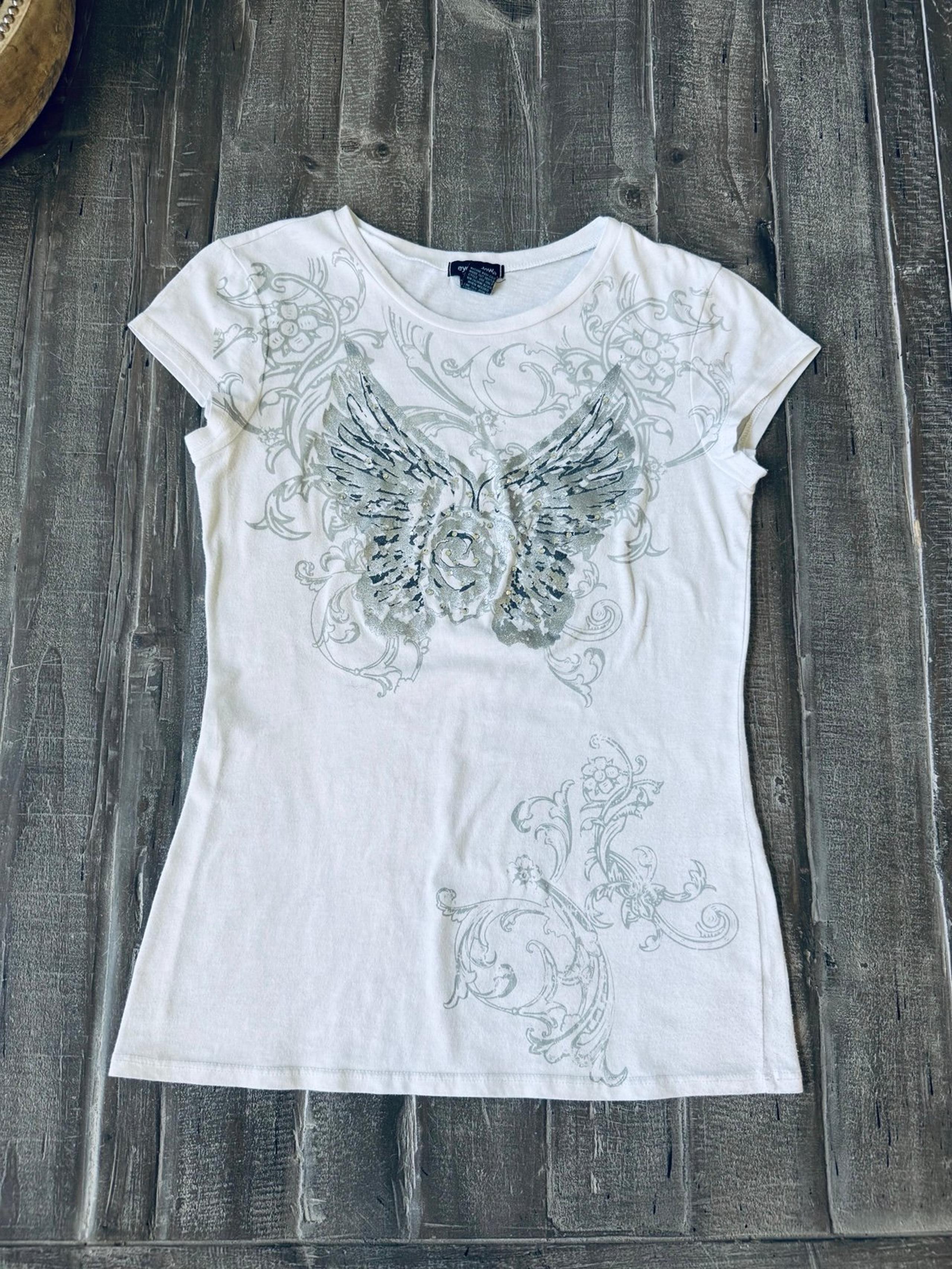 Eyeshadow Silver Butterfly Crystal Metallic Studded Graphic Tee Top