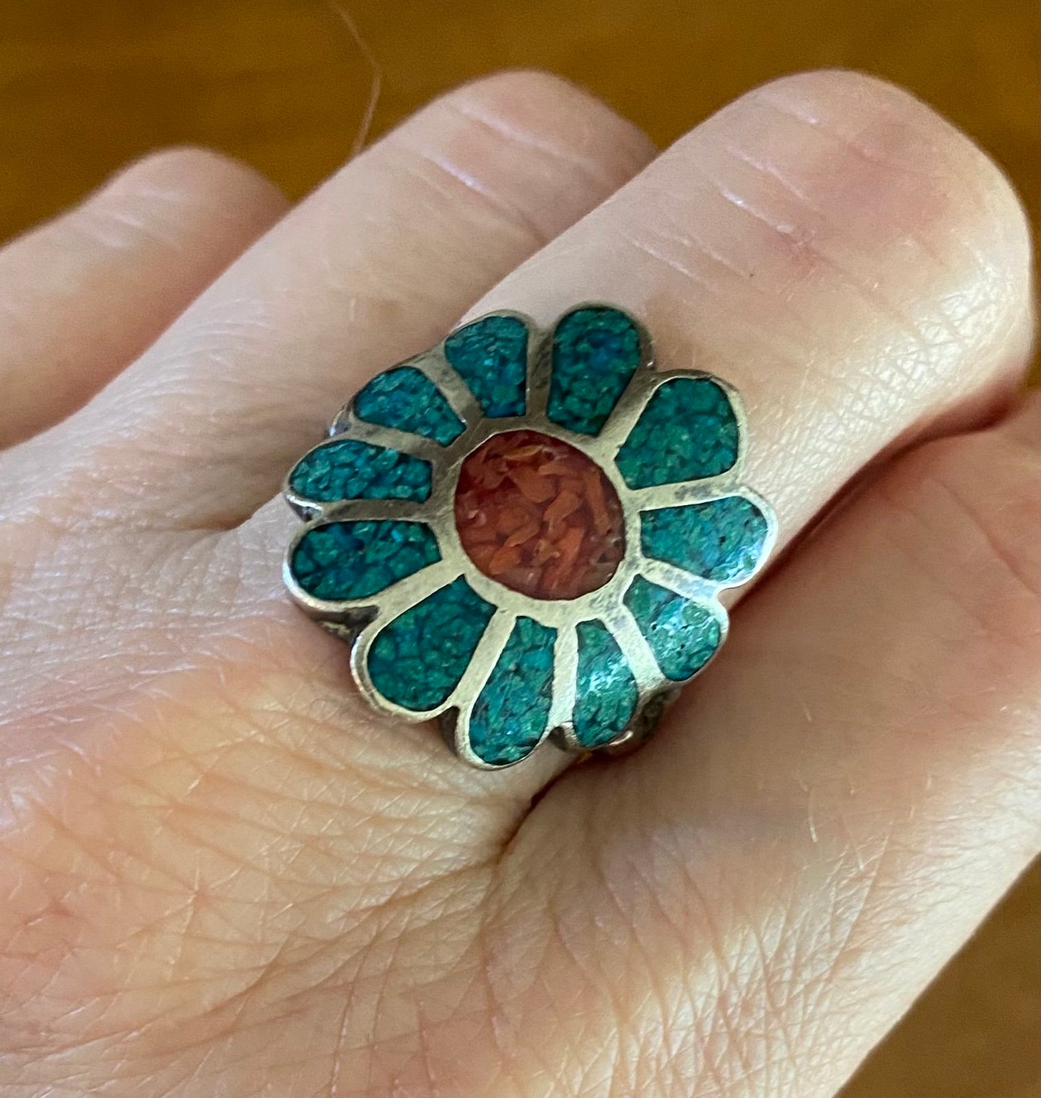 Southwestern Sterling Silver Crushed Turquoise Coral Flower Ring Size 9