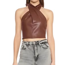 4SI3NNA Paulita Halter Cropped Top Faux Leather Sleeveless Solid Brown W XS NWOT
