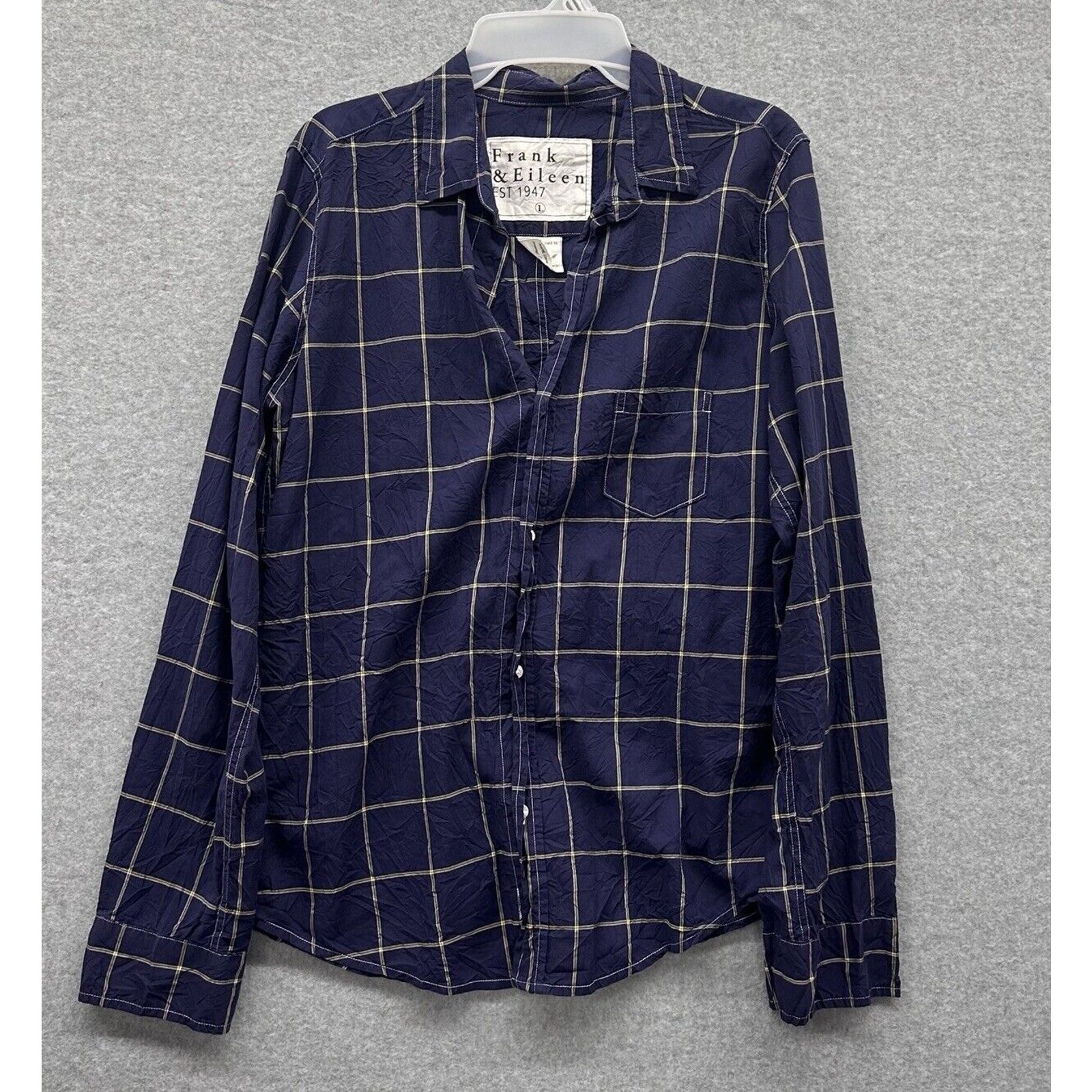 Frank & Eileen Barry Shirt Womens Large L Navy Blue Long Sleeve Windowpane Plaid
