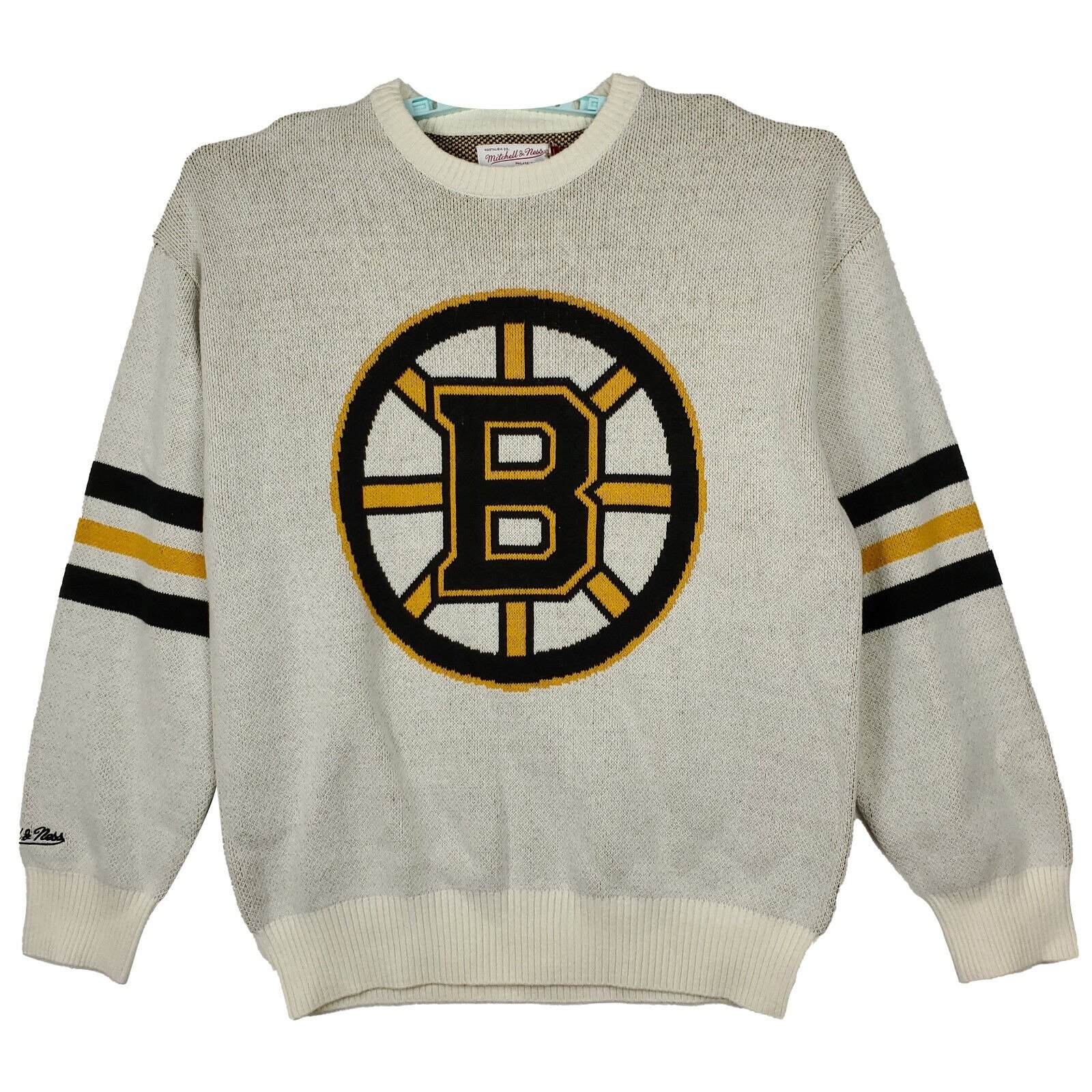 Boston Bruins Mitchell & Ness NHL Large Knitted Sweater Cream Black Yellow NWT