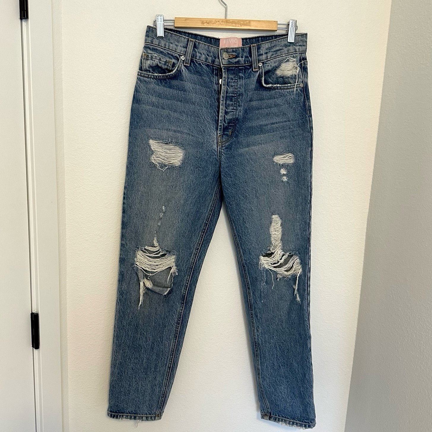 Revice Distressed Slim Fit Blue Medium Wash Jeans Button Front Size 29 Women’s