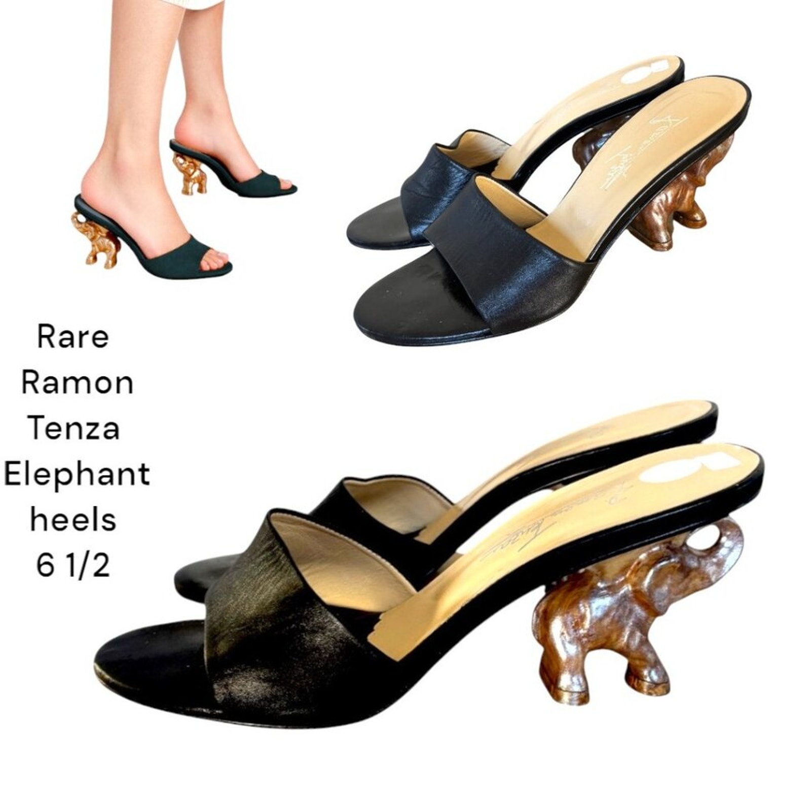 Rare Ramon Tenza elephant heels vintage slip on slides mules size 6 1/2