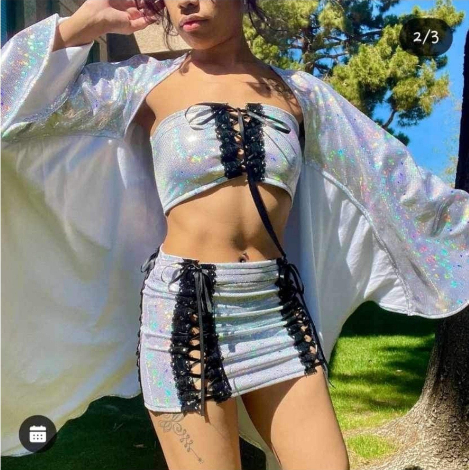 NWOT Custom made 2-Piece top & skirt set in holographic silver & black, Sm/Med